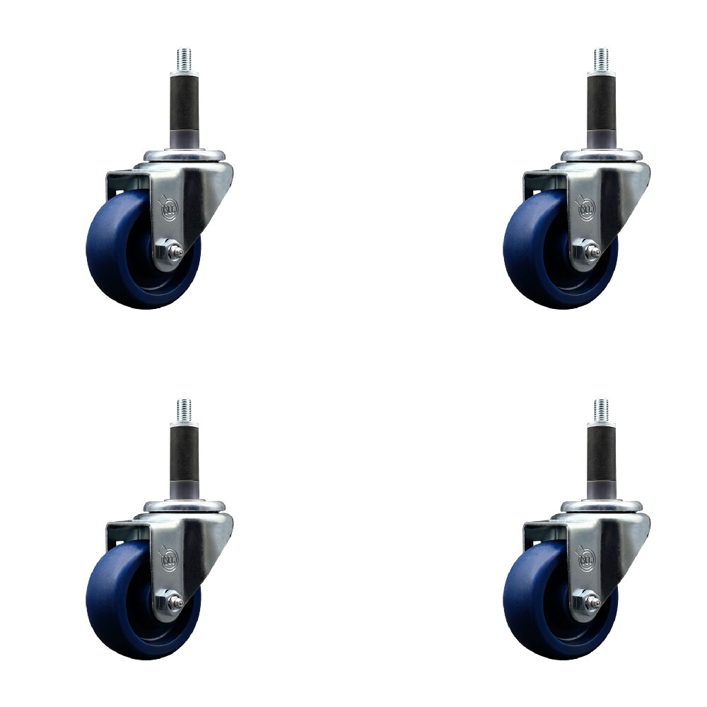 Solid Polyurethane Swivel Expanding Stem Caster Set of 4 with 3 Inch Blue Wheels and 1" Stems - 300 lbs. Capacity Per Caster - Service Caster Brand — photo 1
