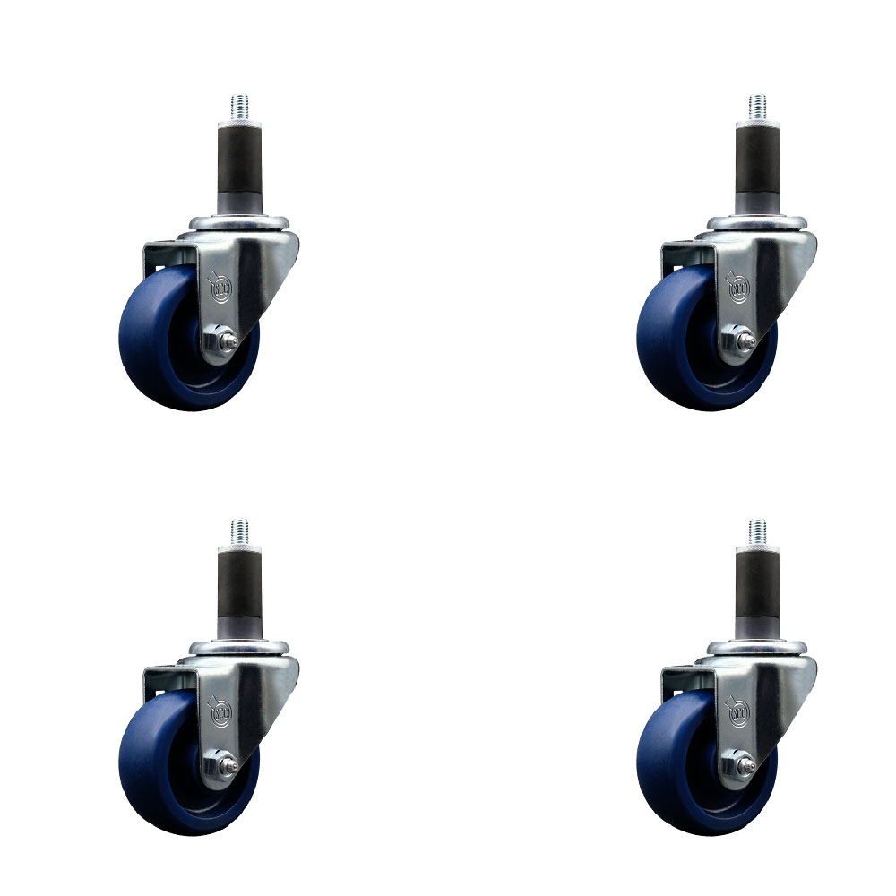 Solid Polyurethane Swivel Expanding Stem Caster Set of 4 with 3 Inch Blue Wheels and 1-1/4" Stems - 300 lbs. Capacity Per Caster - Service Caster Brand — photo 1
