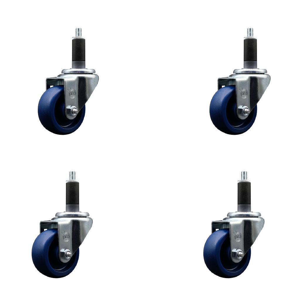 Stainless Steel Solid Polyurethane Swivel Expanding Stem Caster Set of 4 with 3 Inch Blue Wheels and 1-1/8" Stems - Includes 4 Swivel - 300 lbs. Capacity Per Caster - Service Caster Brand — photo 1
