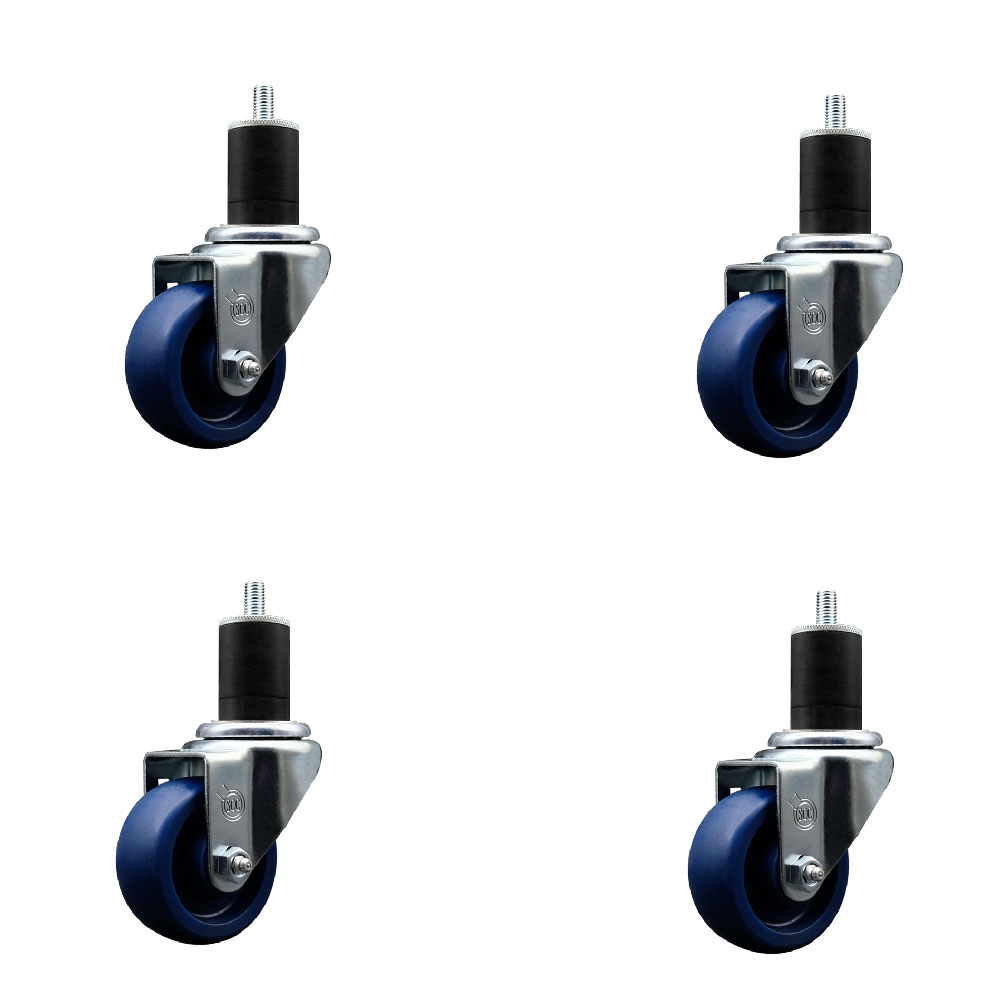 Solid Polyurethane Swivel Expanding Stem Caster Set of 4 with 3 Inch Blue Wheels and 1-3/4" Stems - 300 lbs. Capacity Per Caster - Service Caster Brand — photo 1