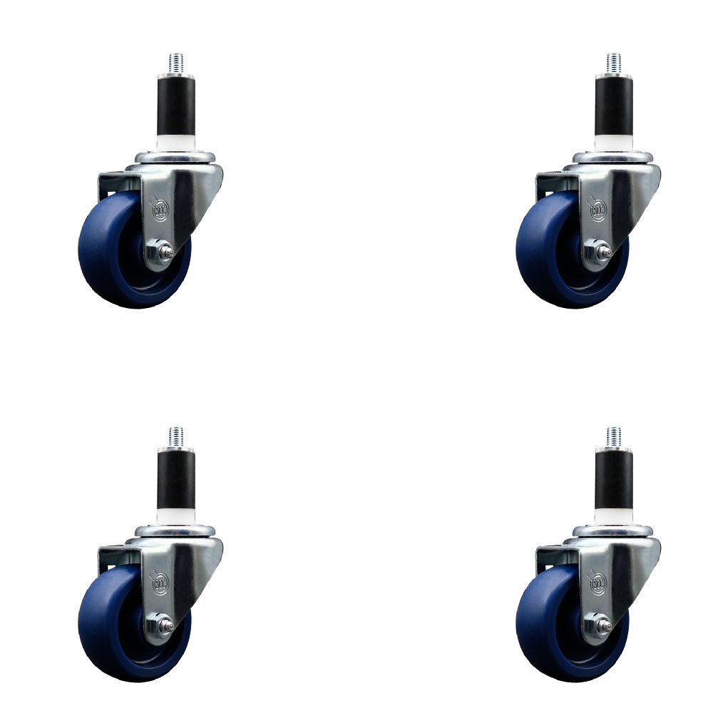 Solid Polyurethane Swivel Expanding Stem Caster Set of 4 with 3 Inch Blue Wheels and 1-3/8" Stems - 300 lbs. Capacity Per Caster - Service Caster Brand — photo 1