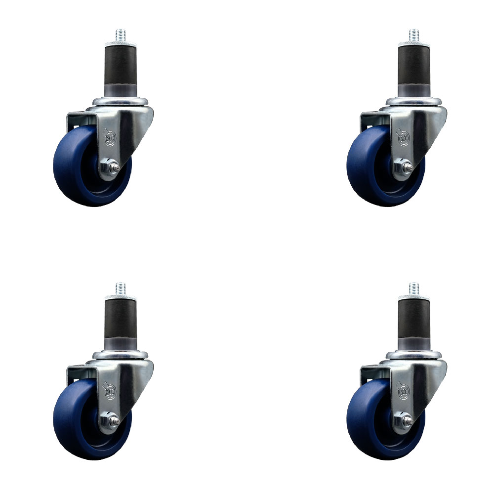 Solid Polyurethane Swivel Expanding Stem Caster Set of 4 with 3 Inch Blue Wheels and 1-5/8" Stems - 300 lbs. Capacity Per Caster - Service Caster Brand — photo 1