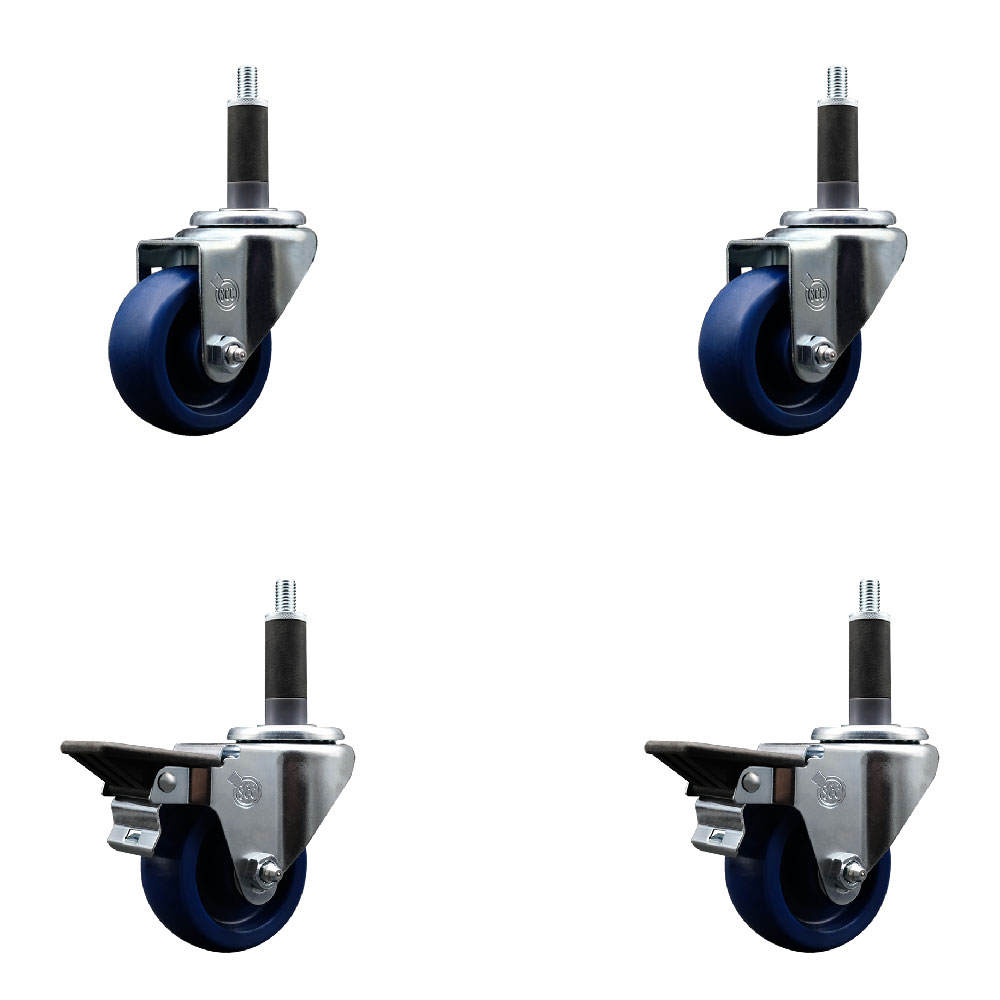 Solid Polyurethane Swivel Expanding Stem Caster Set of 4 with 3 Inch Blue Wheels and 1" Stems - Includes 2 with Posi Locking Brakes - 1200 lbs Total Capacity - Service Caster Brand — photo 1