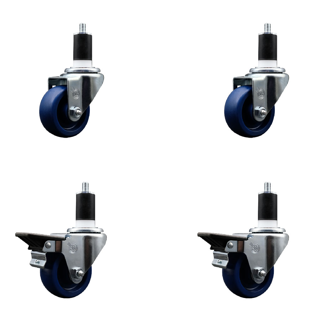 Solid Polyurethane Swivel Expanding Stem Caster Set of 4 with 3 Inch Blue Wheels and 1-1/2" Stems - Includes 2 with Posi Locking Brakes - 1200 lbs Total Capacity - Service Caster Brand — photo 1