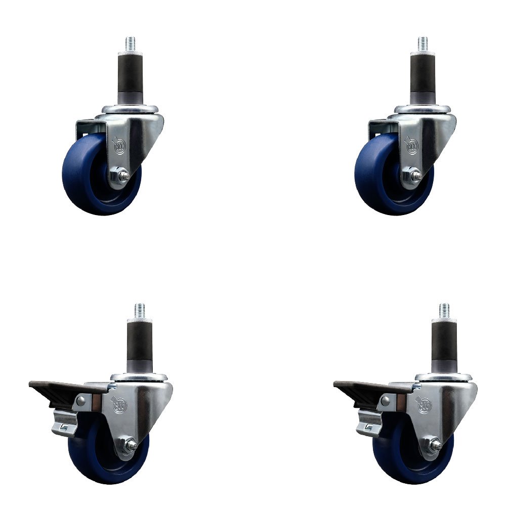 Solid Polyurethane Swivel Expanding Stem Caster Set of 4 with 3 Inch Blue Wheels and 1-1/4" Stems - Includes 2 with Posi Locking Brakes - 1200 lbs Total Capacity - Service Caster Brand — photo 1