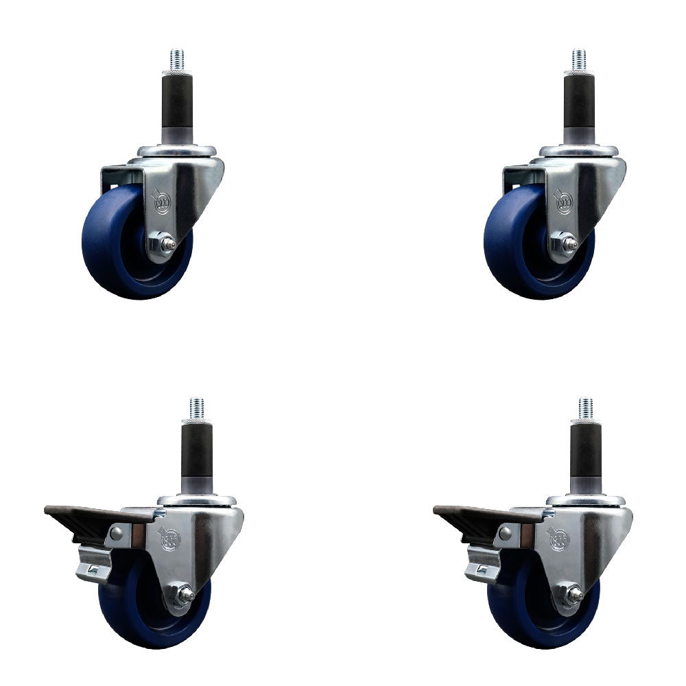 Solid Polyurethane Swivel Expanding Stem Caster Set of 4 with 3 Inch Blue Wheels and 1-1/8" Stems - Includes 2 with Posi Locking Brakes - 1200 lbs Total Capacity - Service Caster Brand — photo 1