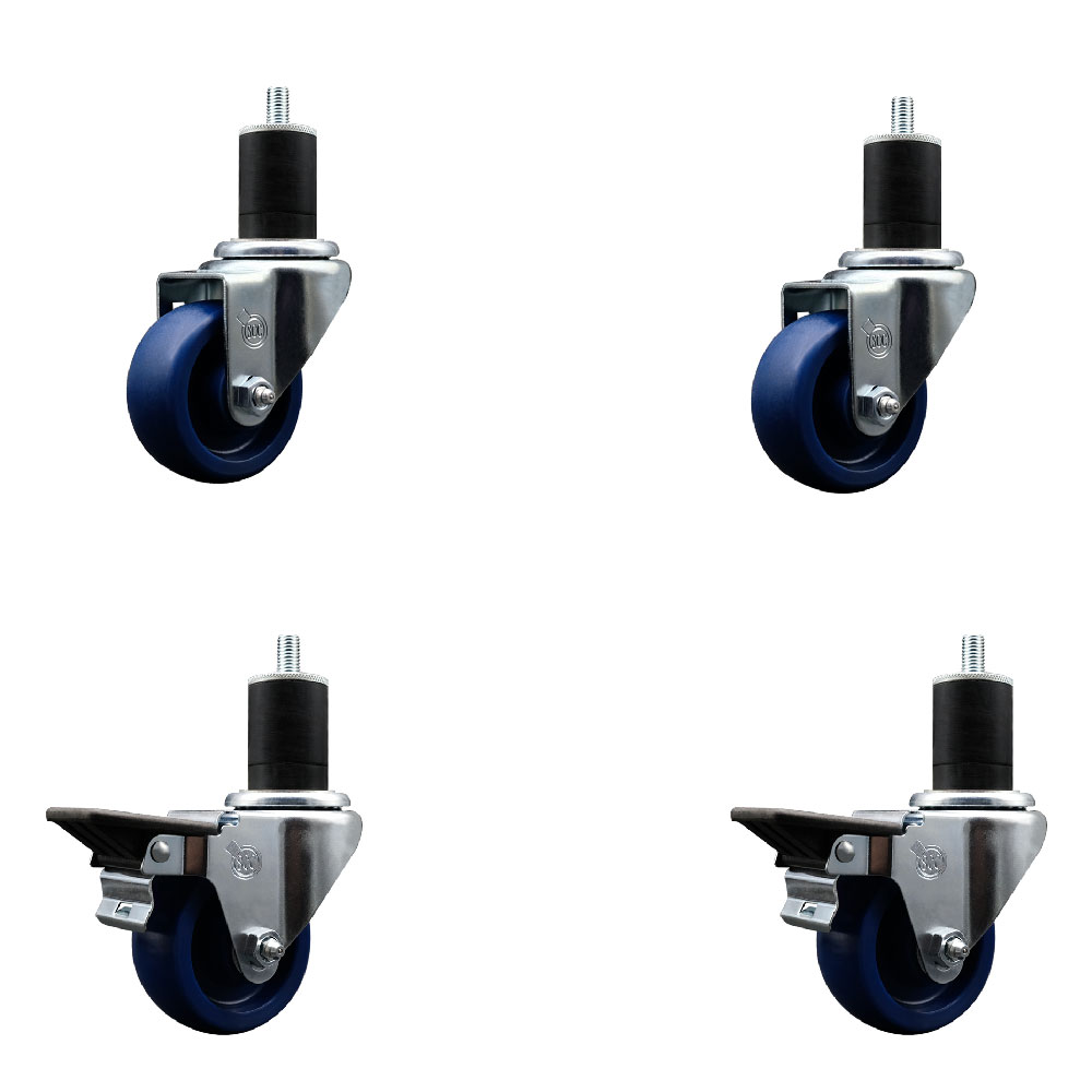 Solid Polyurethane Swivel Expanding Stem Caster Set of 4 with 3 Inch Blue Wheels and 1-3/4" Stems - Includes 2 with Posi Locking Brakes - 1200 lbs Total Capacity - Service Caster Brand — photo 1