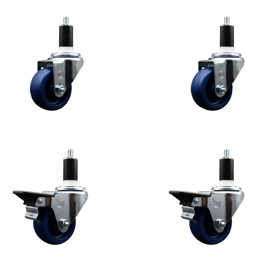 Solid Polyurethane Swivel Expanding Stem Caster Set of 4 with 3 Inch Blue Wheels and 1-3/8" Stems - Includes 2 with Posi Locking Brakes - 1200 lbs Total Capacity - Service Caster Brand — photo 1