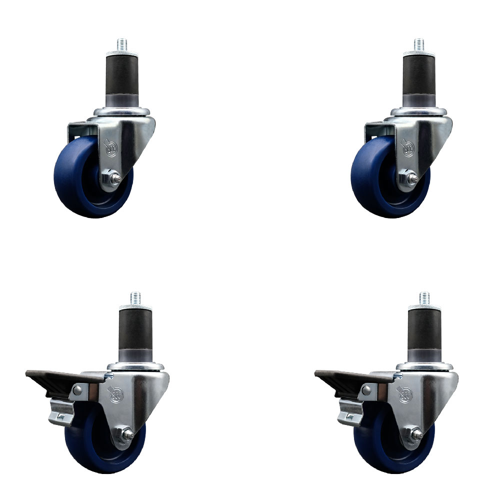 Solid Polyurethane Swivel Expanding Stem Caster Set of 4 with 3 Inch Blue Wheels and 1-5/8" Stems - Includes 2 with Posi Locking Brakes - 1200 lbs Total Capacity - Service Caster Brand — photo 1