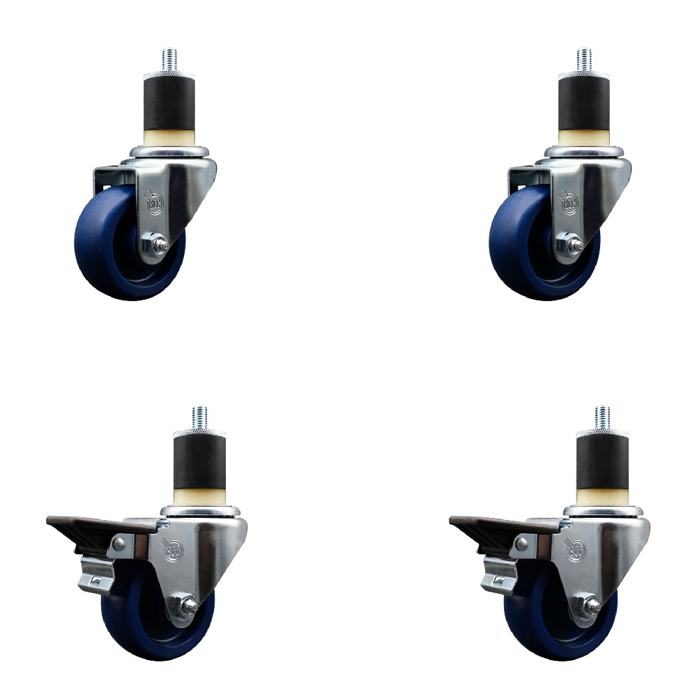 Solid Polyurethane Swivel Expanding Stem Caster Set of 4 with 3 Inch Blue Wheels and 1-7/8" Stems - Includes 2 with Posi Locking Brakes - 1200 lbs Total Capacity - Service Caster Brand — photo 1