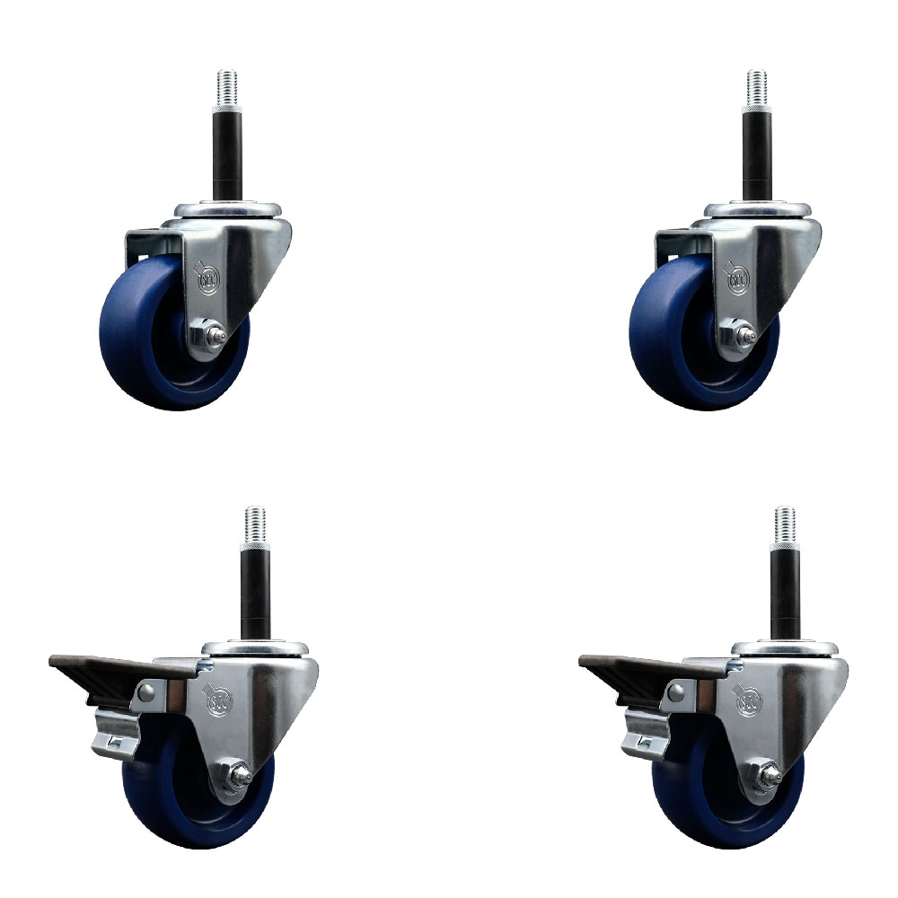 Solid Polyurethane Swivel Expanding Stem Caster Set of 4 with 3 Inch Blue Wheels and 3/4" Stems - Includes 2 with Posi Locking Brakes - 1200 lbs Total Capacity - Service Caster Brand — photo 1