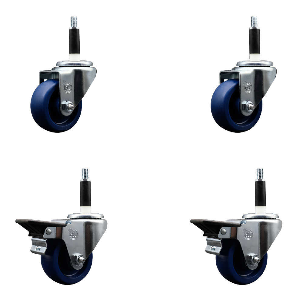 Solid Polyurethane Swivel Expanding Stem Caster Set of 4 with 3 Inch Blue Wheels and 7/8" Stems - Includes 2 with Posi Locking Brakes - 1200 lbs Total Capacity - Service Caster Brand — photo 1