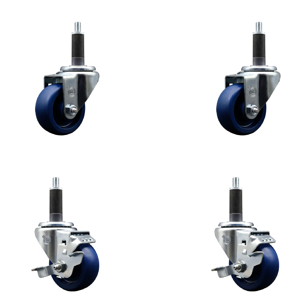 Stainless Steel Solid Polyurethane Swivel Expanding Stem Caster Set of 4 with 3 Inch Blue Wheels and 1" Stems - Includes 2 with Top Locking Brakes - 1200 lbs Total Capacity - Service Caster Brand — photo 1