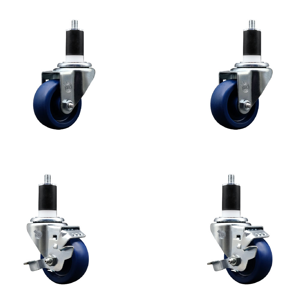 Solid Polyurethane Swivel Expanding Stem Caster Set of 4 with 3 Inch Blue Wheels and 1-1/2" Stems - Includes 2 with Top Locking Brakes - 1200 lbs Total Capacity - Service Caster Brand — photo 1