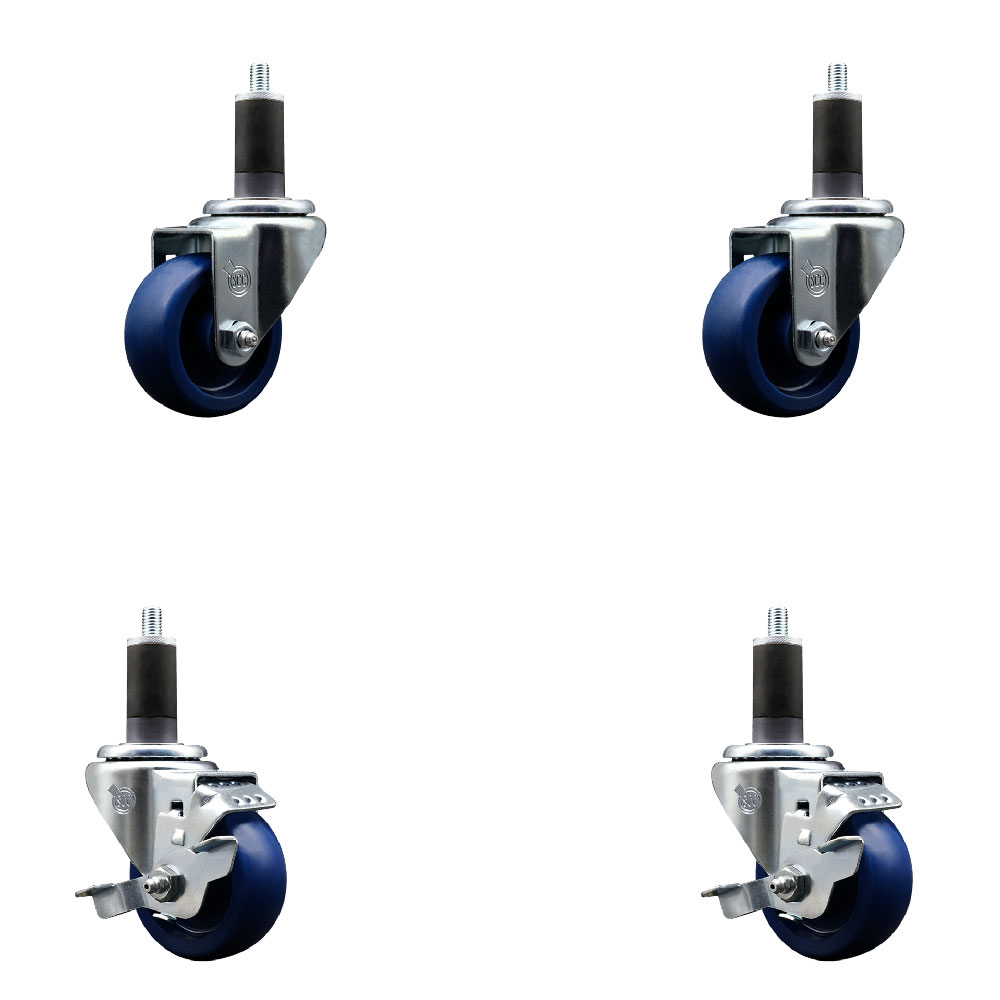Solid Polyurethane Swivel Expanding Stem Caster Set of 4 with 3 Inch Blue Wheels and 1-1/4" Stems - Includes 2 with Top Locking Brakes - 1200 lbs Total Capacity - Service Caster Brand — photo 1