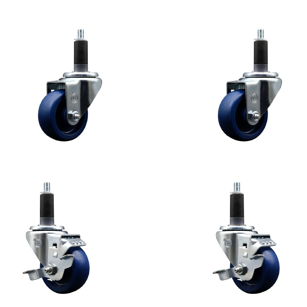 Stainless Steel Solid Polyurethane Swivel Expanding Stem Caster Set of 4 with 3 Inch Blue Wheels and 1-1/8" Stems - Includes 2 with Top Locking Brakes - 1200 lbs Total Capacity - Service Caster Brand — photo 1