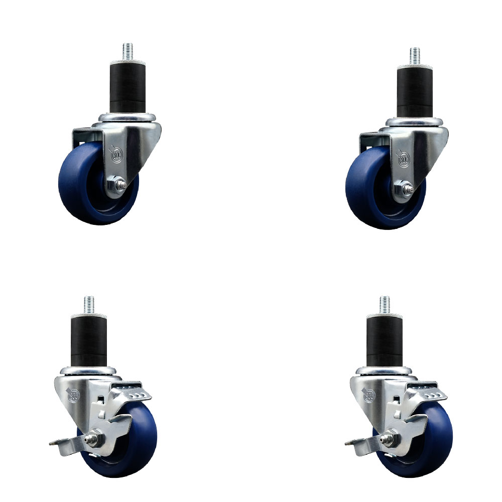 Stainless Steel Solid Polyurethane Swivel Expanding Stem Caster Set of 4 with 3 Inch Blue Wheels and 1-3/4" Stems - Includes 2 with Top Locking Brakes - 1200 lbs Total Capacity - Service Caster Brand — photo 1