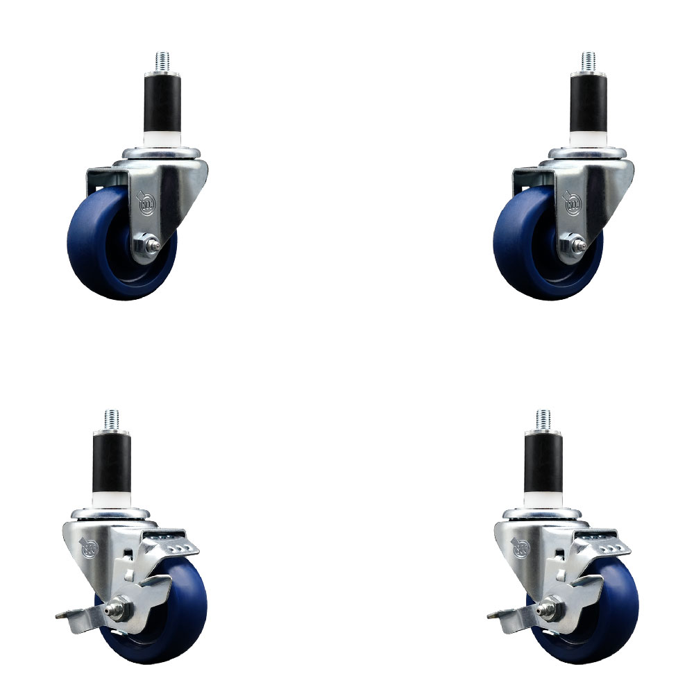 Stainless Steel Solid Polyurethane Swivel Expanding Stem Caster Set of 4 with 3 Inch Blue Wheels and 1-3/8" Stems - Includes 2 with Top Locking Brakes - 1200 lbs Total Capacity - Service Caster Brand — photo 1