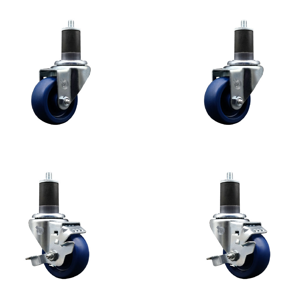 Stainless Steel Solid Polyurethane Swivel Expanding Stem Caster Set of 4 with 3 Inch Blue Wheels and 1-5/8" Stems - Includes 2 with Top Locking Brakes - 1200 lbs Total Capacity - Service Caster Brand — photo 1