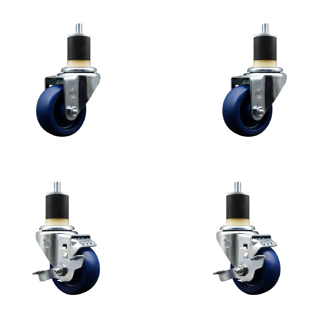 Stainless Steel Solid Polyurethane Swivel Expanding Stem Caster Set of 4 with 3 Inch Blue Wheels and 1-7/8" Stems - Includes 2 with Top Locking Brakes - 1200 lbs Total Capacity - Service Caster Brand — photo 1
