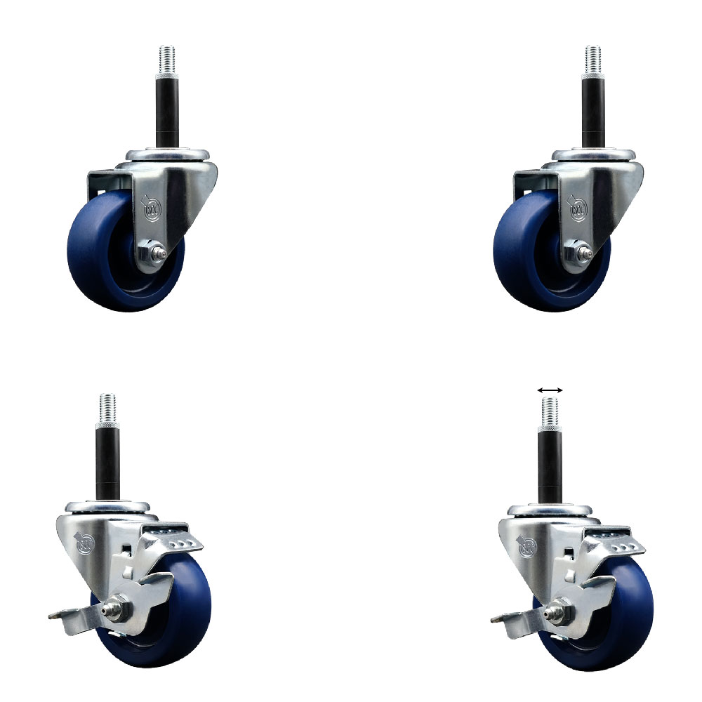 Stainless Steel Solid Polyurethane Swivel Expanding Stem Caster Set of 4 with 3 Inch Blue Wheels and 3/4" Stems - Includes 2 with Top Locking Brakes - 1200 lbs Total Capacity - Service Caster Brand — photo 1