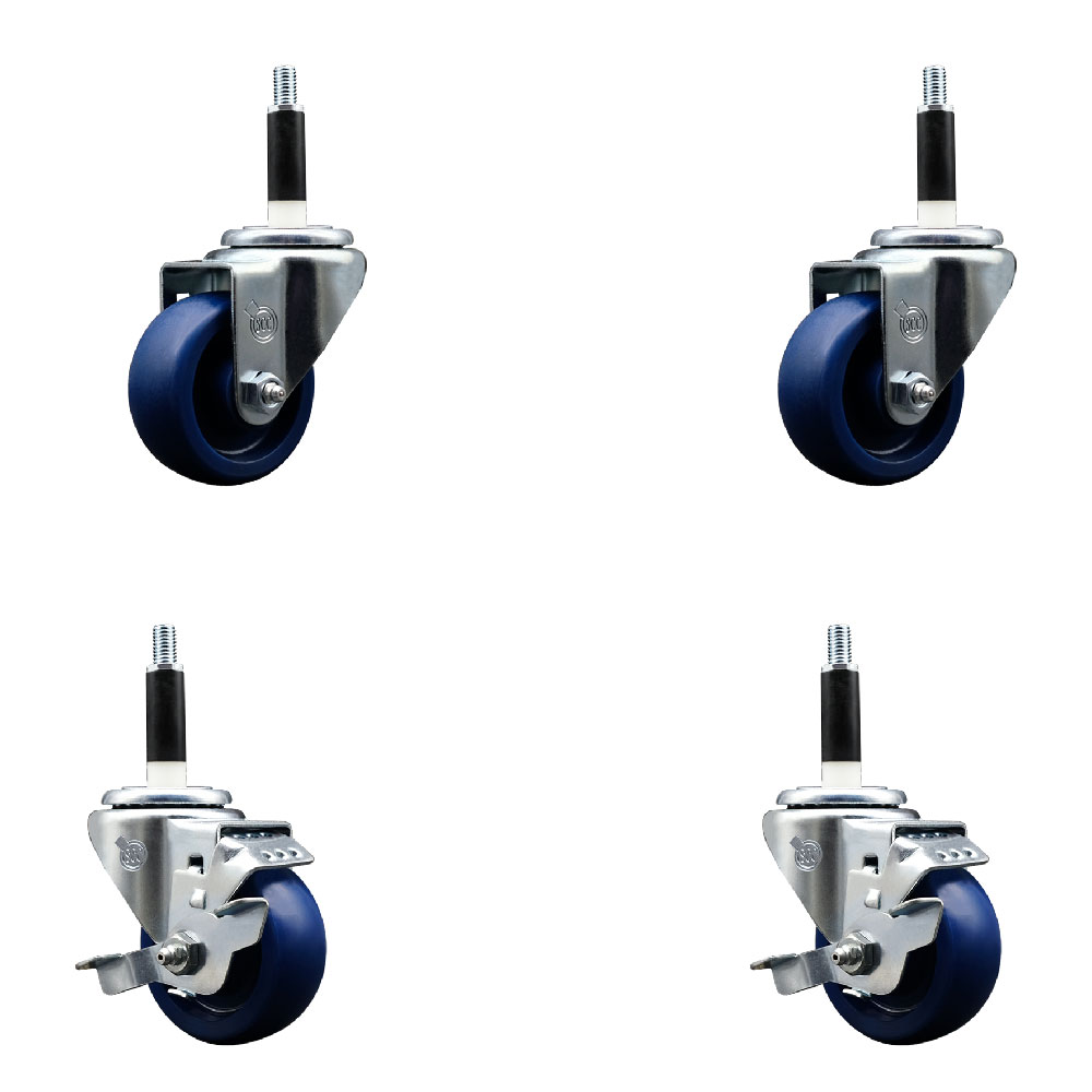 Solid Polyurethane Swivel Expanding Stem Caster Set of 4 with 3 Inch Blue Wheels and 7/8" Stems - Includes 2 with Top Locking Brakes - 1200 lbs Total Capacity - Service Caster Brand — photo 1