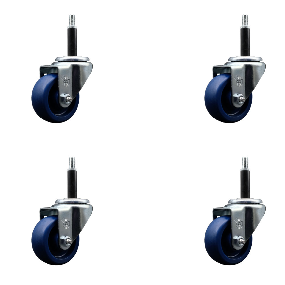Stainless Steel Solid Polyurethane Swivel Expanding Stem Caster Set of 4 with 3 Inch Blue Wheels and 3/4" Stems - Includes 4 Swivel - 300 lbs. Capacity Per Caster - Service Caster Brand — photo 1