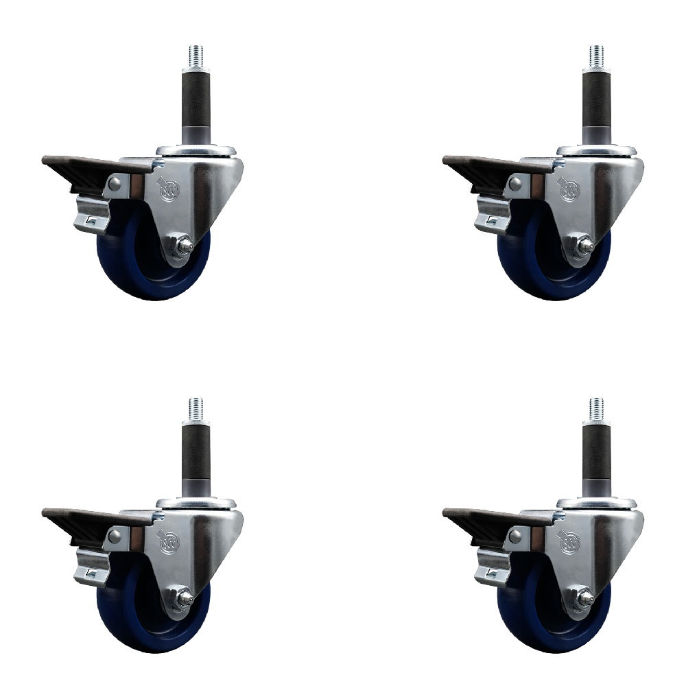 Solid Polyurethane Swivel Expanding Stem Caster Set of 4 with 3 Inch Blue Wheels and 1" Stems - Includes 4 Swivel with Posi Locking Brakes - 300 lbs. Capacity Per Caster - Service Caster Brand — photo 1