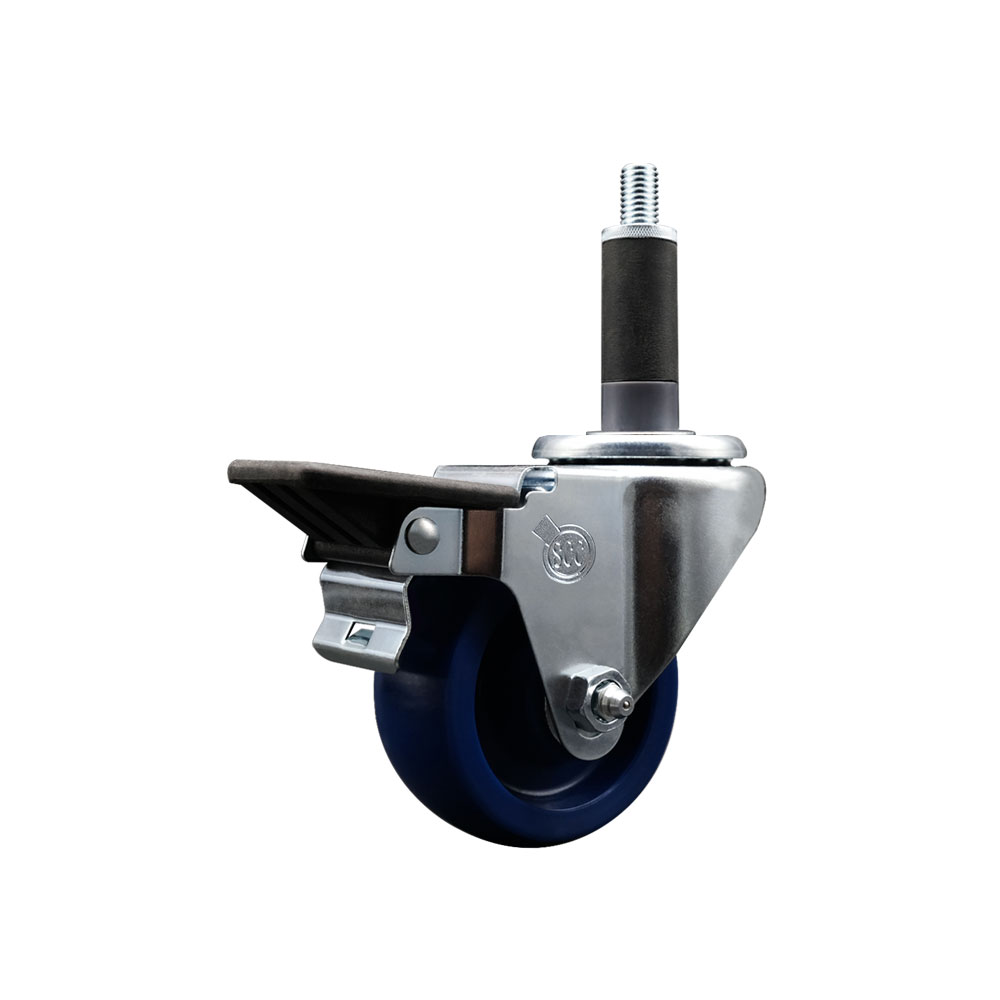 Solid Polyurethane Expanding Stem Swivel Caster with 3 Inch Blue Wheel and 1" Stem & Posi Locking Brake - 300 lbs. Capacity Per Caster - Service Caster Brand — photo 1