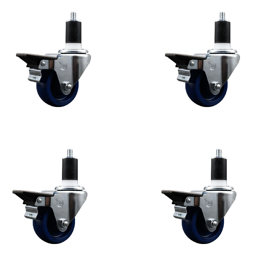 Solid Polyurethane Swivel Expanding Stem Caster Set of 4 with 3 Inch Blue Wheels and 1-1/2" Stems - Includes 4 Swivel with Posi Locking Brakes - 300 lbs. Capacity Per Caster - Service Caster Brand — photo 1