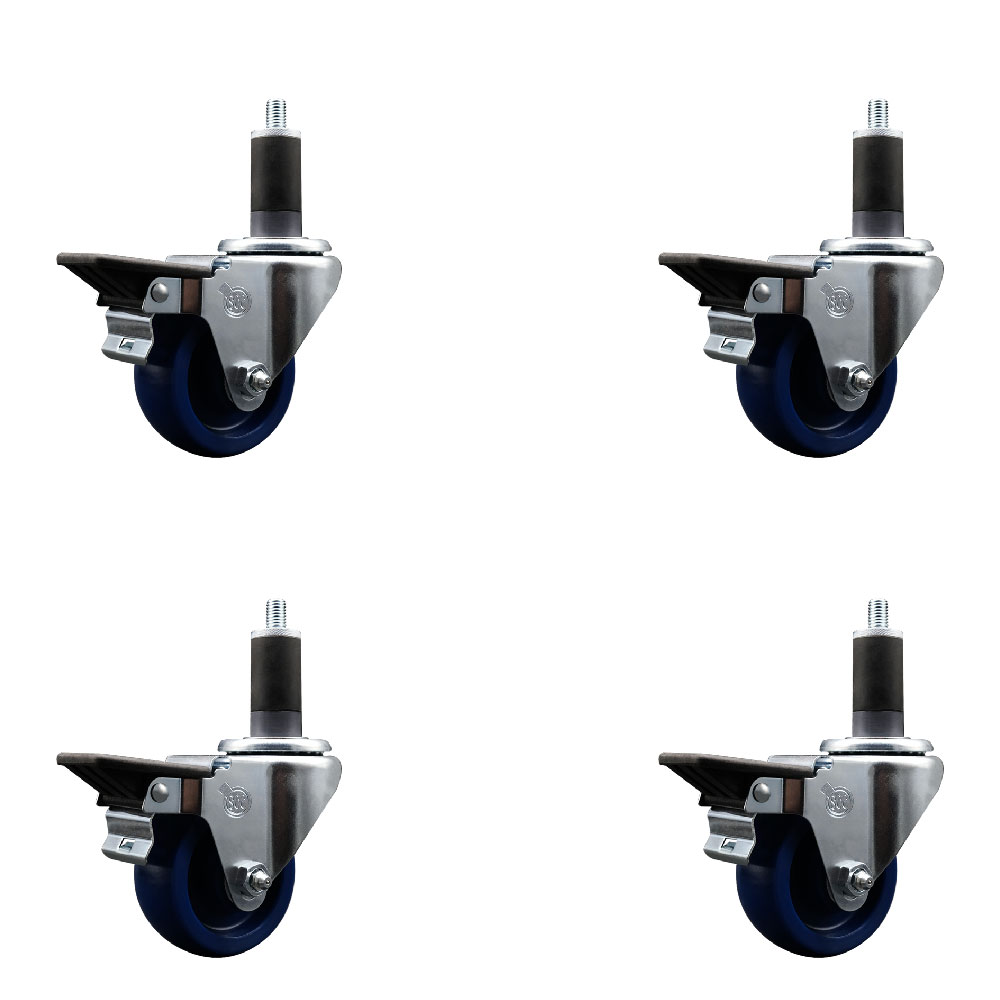 Solid Polyurethane Swivel Expanding Stem Caster Set of 4 with 3 Inch Blue Wheels and 1-1/4" Stems - Includes 4 Swivel with Posi Locking Brakes - 300 lbs. Capacity Per Caster - Service Caster Brand — photo 1