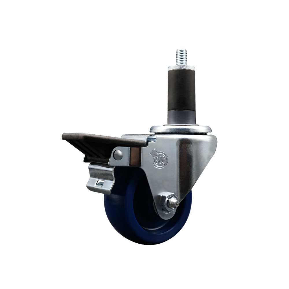 Solid Polyurethane Expanding Stem Swivel Caster with 3 Inch Blue Wheel and 1-1/4" Stem & Posi Locking Brake - 300 lbs. Capacity Per Caster - Service Caster Brand — photo 1