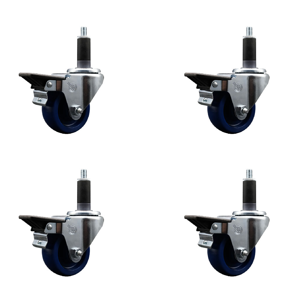 Solid Polyurethane Swivel Expanding Stem Caster Set of 4 with 3 Inch Blue Wheels and 1-1/8" Stems - Includes 4 Swivel with Posi Locking Brakes - 300 lbs. Capacity Per Caster - Service Caster Brand — photo 1