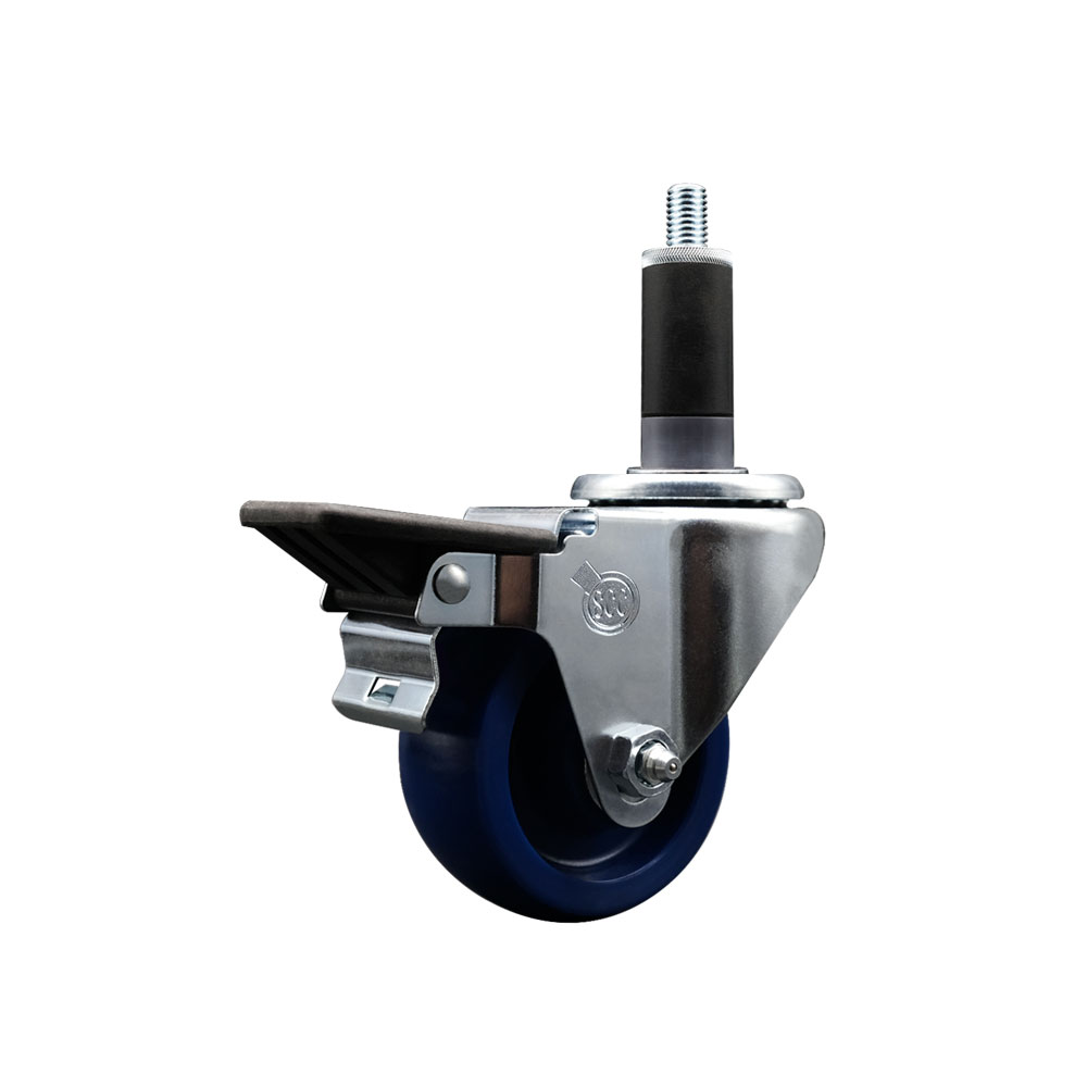 Solid Polyurethane Expanding Stem Swivel Caster with 3 Inch Blue Wheel and 1-1/8" Stem & Posi Locking Brake - 300 lbs. Capacity Per Caster - Service Caster Brand — photo 1