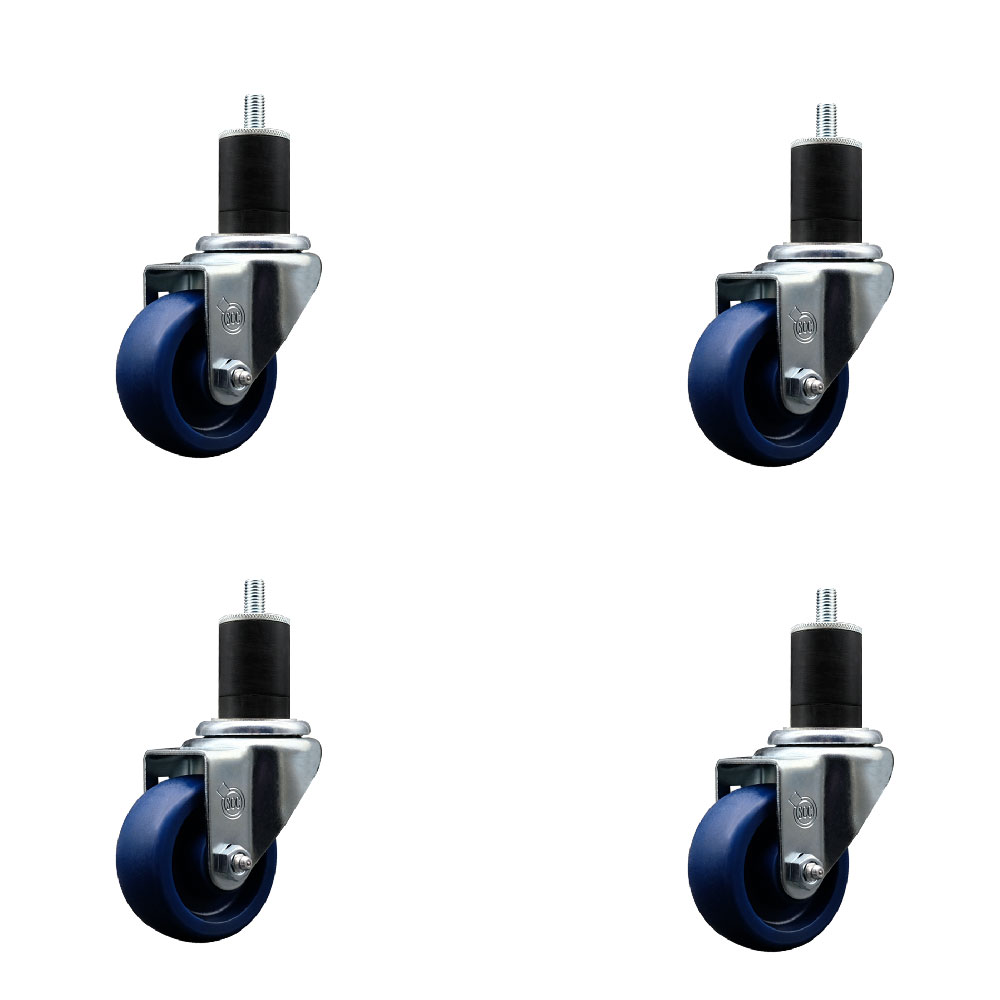 Solid Polyurethane Swivel Expanding Stem Caster Set of 4 with 3 Inch Blue Wheels and 1-3/4" Stems - Includes 4 Swivel with Posi Locking Brakes - 300 lbs. Capacity Per Caster - Service Caster Brand — photo 1
