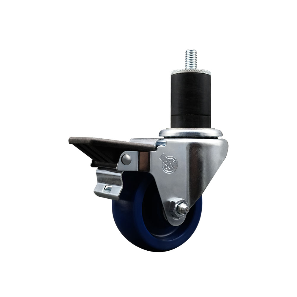 Solid Polyurethane Expanding Stem Swivel Caster with 3 Inch Blue Wheel and 1-3/4" Stem & Posi Locking Brake - 300 lbs. Capacity Per Caster - Service Caster Brand — photo 1