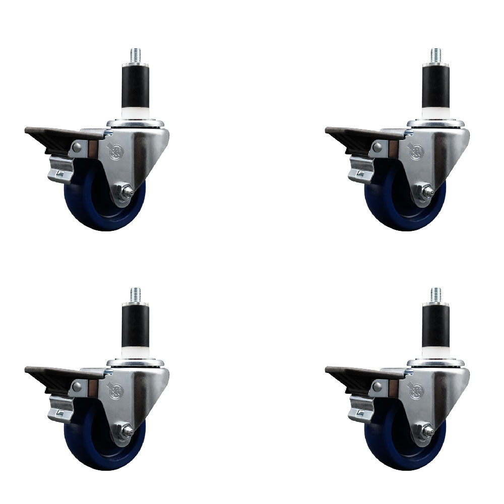 Solid Polyurethane Swivel Expanding Stem Caster Set of 4 with 3 Inch Blue Wheels and 1-3/8" Stems - Includes 4 Swivel with Posi Locking Brakes - 300 lbs. Capacity Per Caster - Service Caster Brand — photo 1