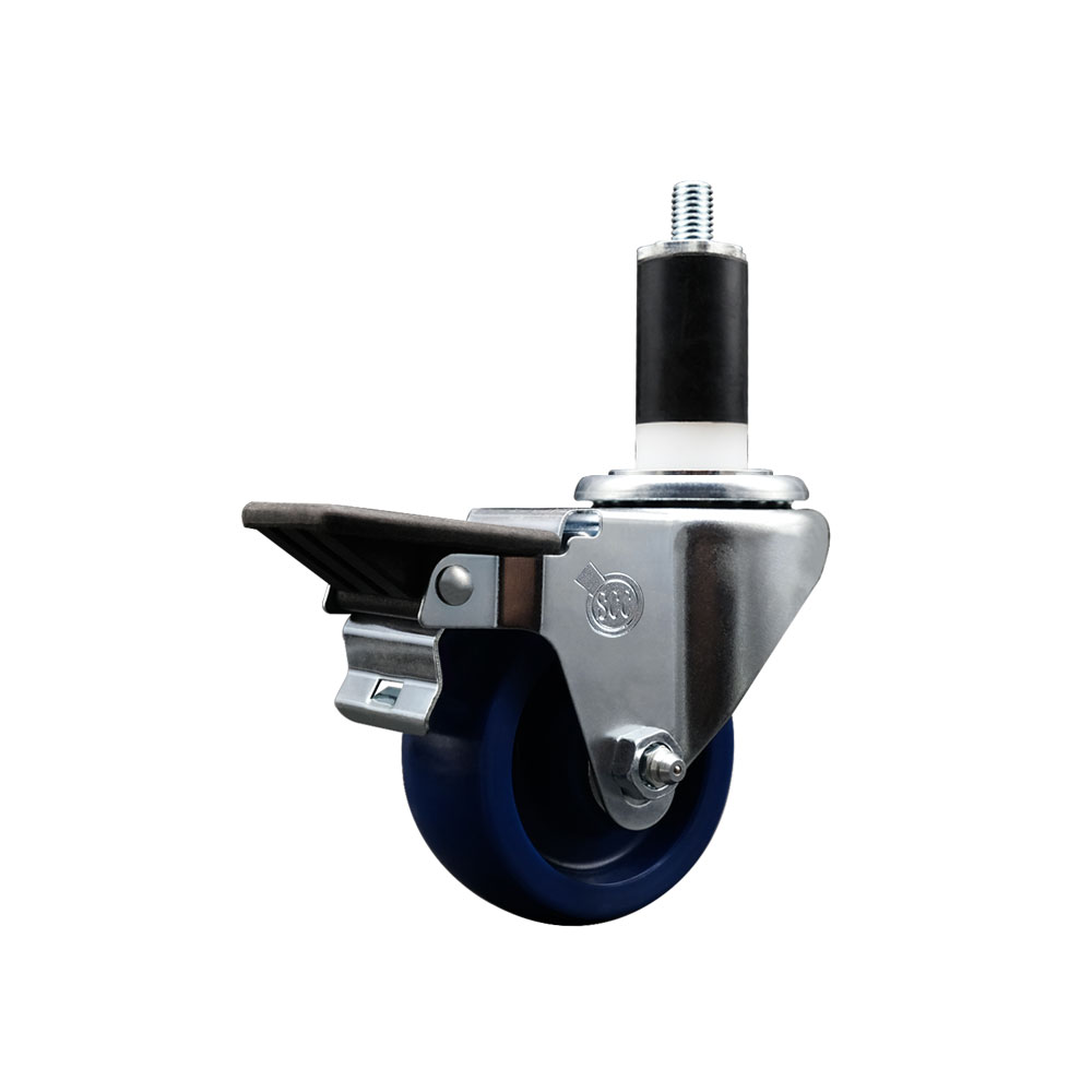 Solid Polyurethane Expanding Stem Swivel Caster with 3 Inch Blue Wheel and 1-3/8" Stem & Posi Locking Brake - 300 lbs. Capacity Per Caster - Service Caster Brand — photo 1