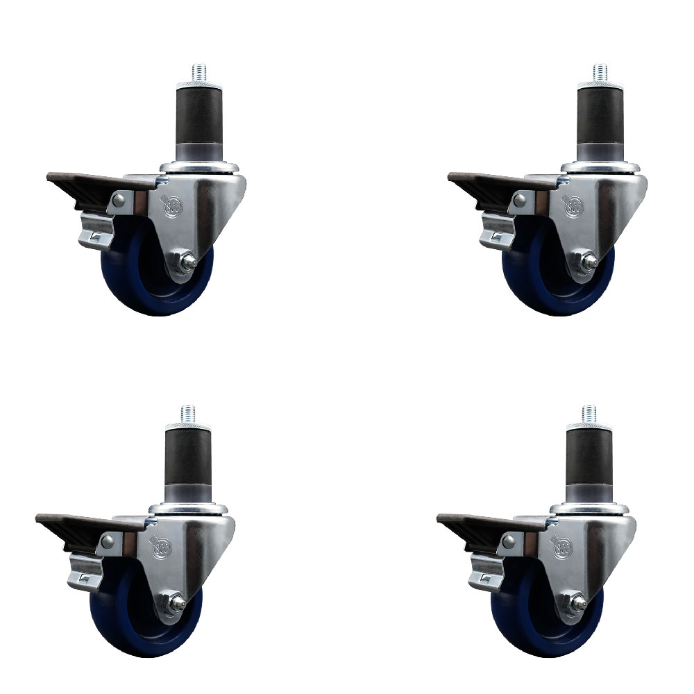 Solid Polyurethane Swivel Expanding Stem Caster Set of 4 with 3 Inch Blue Wheels and 1-5/8" Stems - Includes 4 Swivel with Posi Locking Brakes - 300 lbs. Capacity Per Caster - Service Caster Brand — photo 1