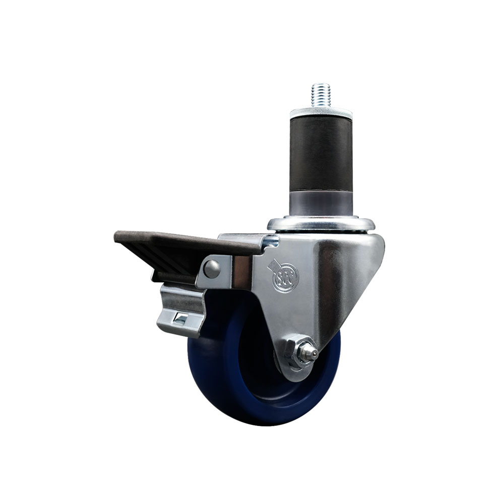 Solid Polyurethane Expanding Stem Swivel Caster with 3 Inch Blue Wheel and 1-5/8" Stem & Posi Locking Brake - 300 lbs. Capacity Per Caster - Service Caster Brand — photo 1