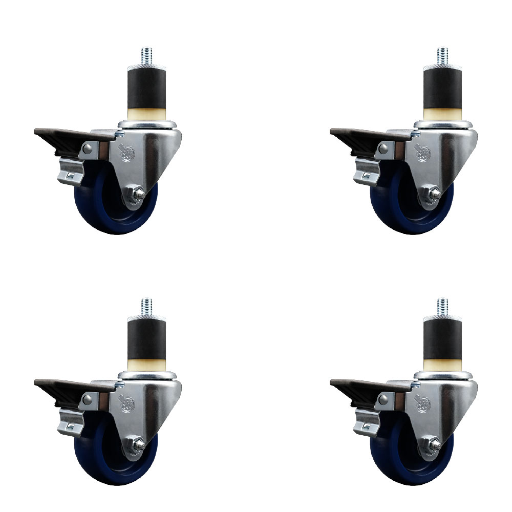 Solid Polyurethane Swivel Expanding Stem Caster Set of 4 with 3 Inch Blue Wheels and 1-7/8" Stems - Includes 4 Swivel with Posi Locking Brakes - 300 lbs. Capacity Per Caster - Service Caster Brand — photo 1