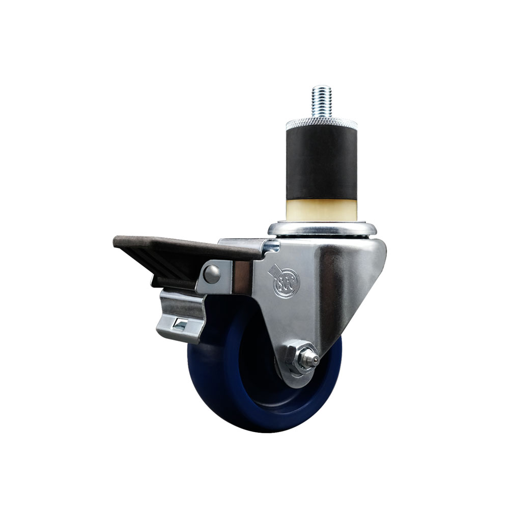 Solid Polyurethane Expanding Stem Swivel Caster with 3 Inch Blue Wheel and 1-7/8" Stem & Posi Locking Brake - 300 lbs. Capacity Per Caster - Service Caster Brand — photo 1