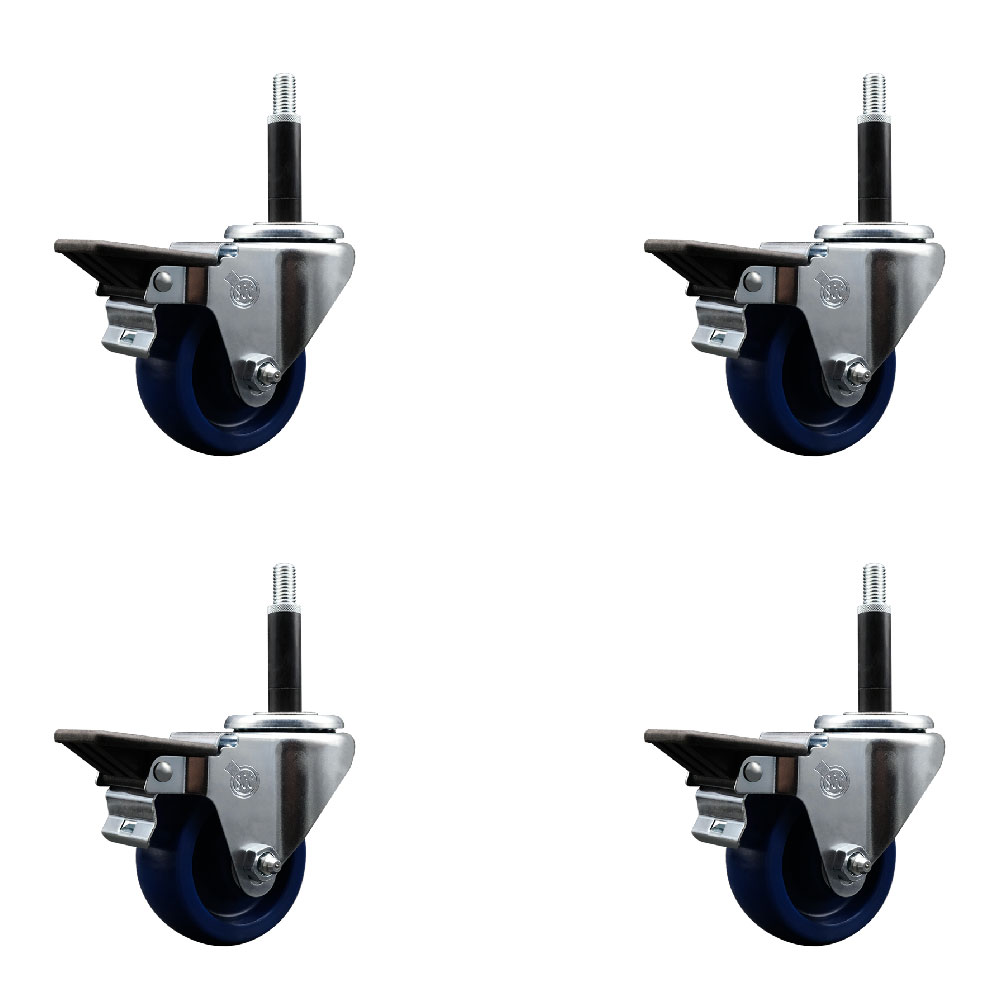 Solid Polyurethane Swivel Expanding Stem Caster Set of 4 with 3 Inch Blue Wheels and 3/4" Stems - Includes 4 Swivel with Posi Locking Brakes - 300 lbs. Capacity Per Caster - Service Caster Brand — photo 1