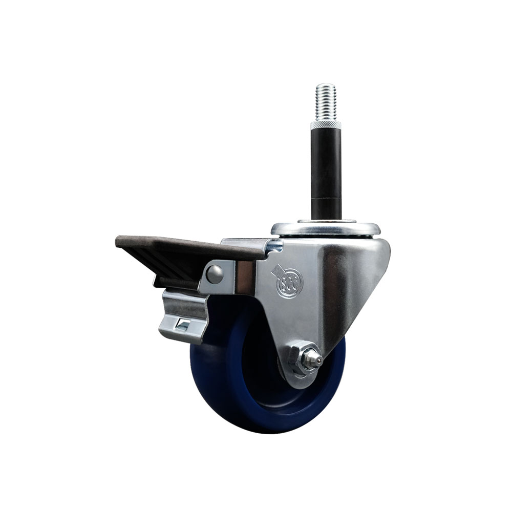 Solid Polyurethane Expanding Stem Swivel Caster with 3 Inch Blue Wheel and 3/4" Stem & Posi Locking Brake - 300 lbs. Capacity Per Caster - Service Caster Brand — photo 1
