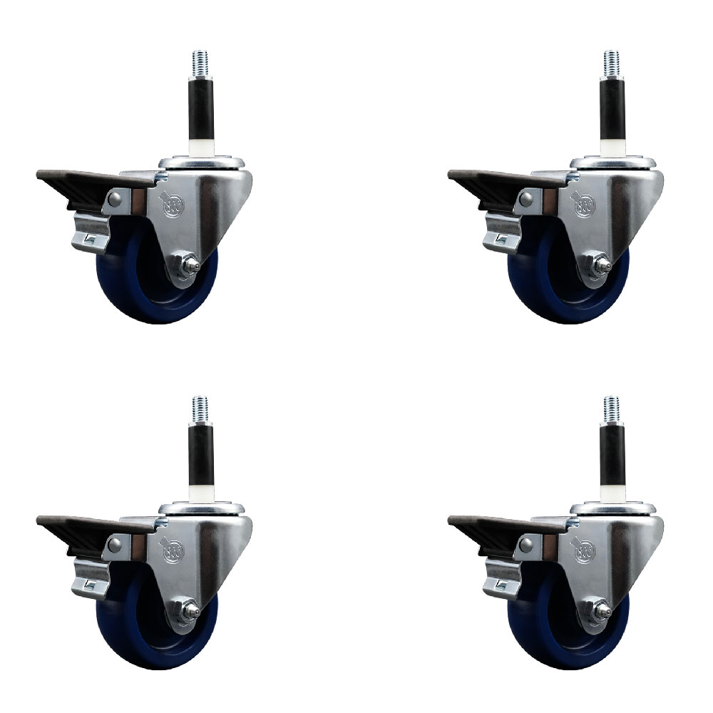 Solid Polyurethane Swivel Expanding Stem Caster Set of 4 with 3 Inch Blue Wheels and 7/8" Stems - Includes 4 Swivel with Posi Locking Brakes - 300 lbs. Capacity Per Caster - Service Caster Brand — photo 1
