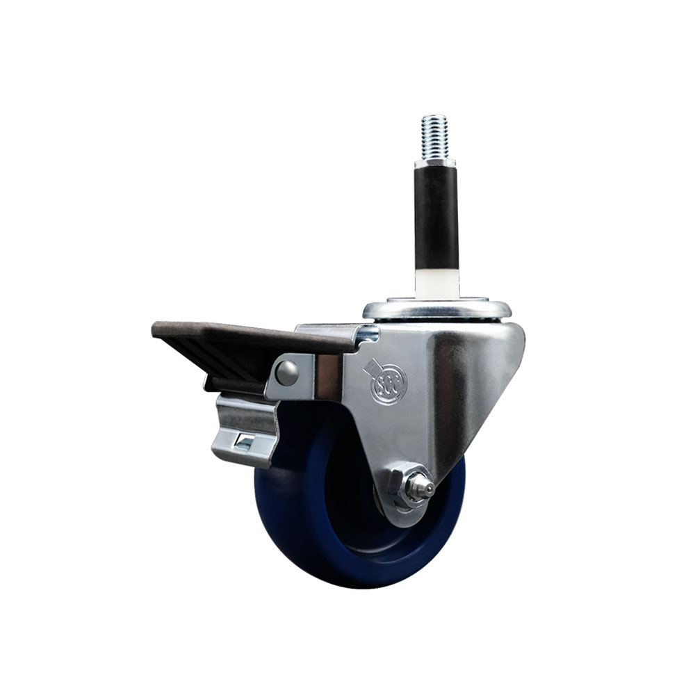 Solid Polyurethane Expanding Stem Swivel Caster with 3 Inch Blue Wheel and 7/8" Stem & Posi Locking Brake - 300 lbs. Capacity Per Caster - Service Caster Brand — photo 1