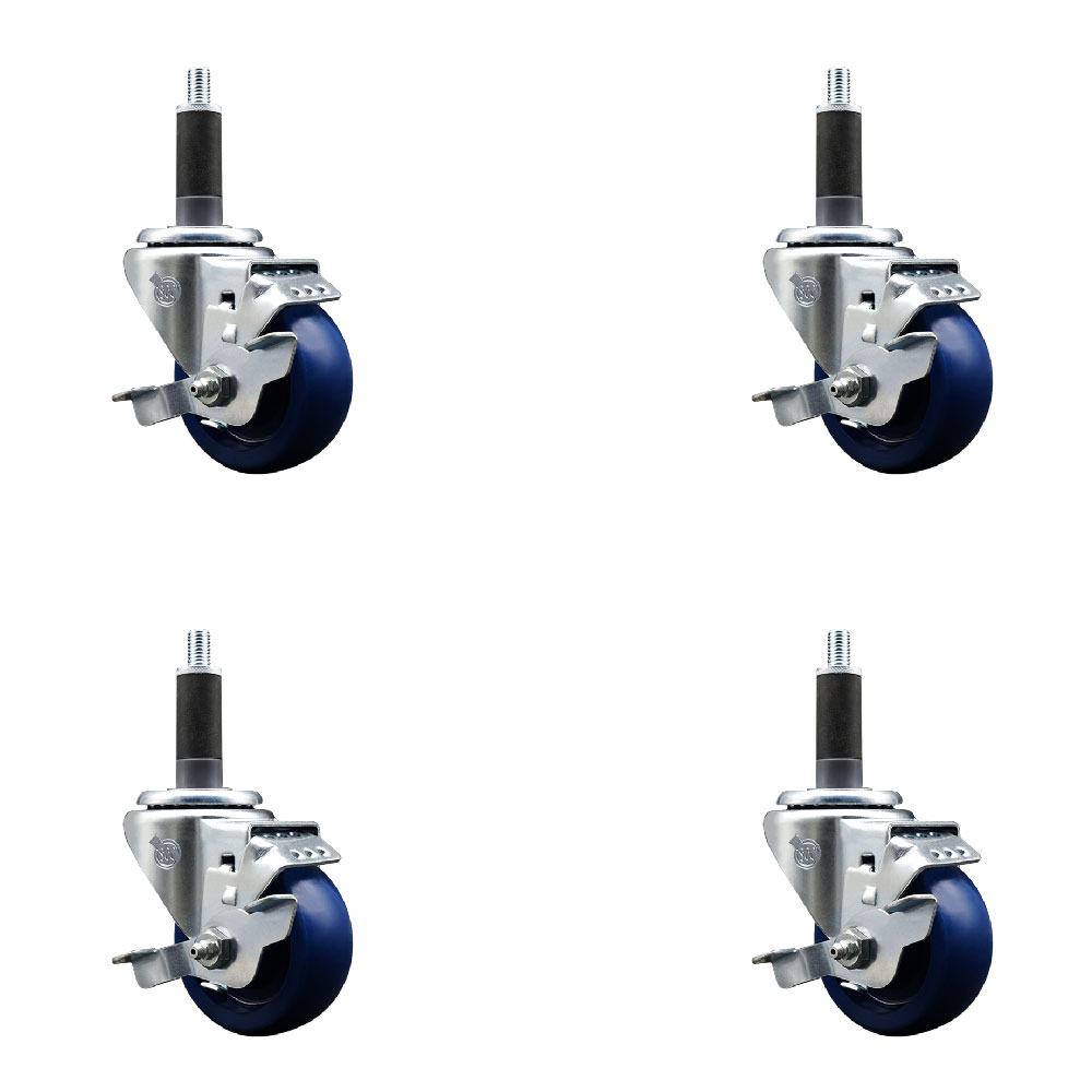 Solid Polyurethane Swivel Expanding Stem Caster Set of 4 with 3 Inch Blue Wheels and 1" Stems - Includes 4 Swivel with Top Locking Brakes - 300 lbs. Capacity Per Caster - Service Caster Brand — photo 1