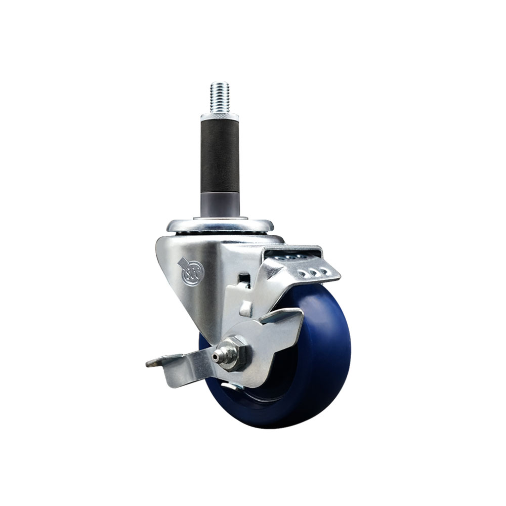 Solid Polyurethane Expanding Stem Swivel Caster with 3 Inch Blue Wheel and 1" Stem & Top Locking Brake - 300 lbs. Capacity Per Caster - Service Caster Brand — photo 1