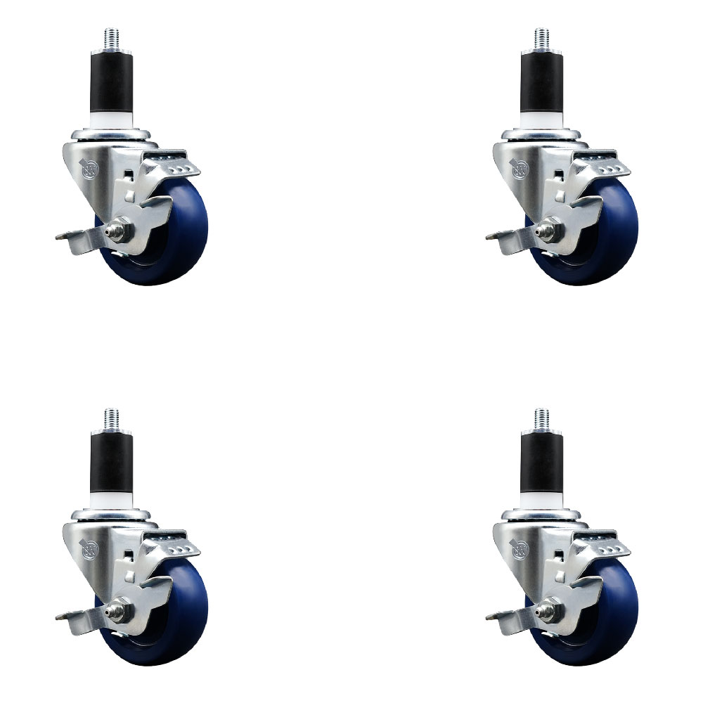 Stainless Steel Solid Polyurethane Swivel Expanding Stem Caster Set of 4 with 3 Inch Blue Wheels and 1-1/2" Stems-4 Swivel with Top Locking Brakes-300 lbs. Capacity Per Caster-Service Caster Brand — photo 1