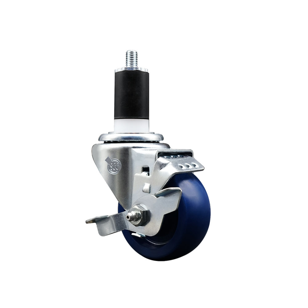 Stainless Steel Solid Polyurethane Expanding Stem Swivel Caster with 3 Inch Blue Wheel and 1-1/2" Stem & Top Locking Brake - 300 lbs. Capacity Per Caster - Service Caster Brand — photo 1